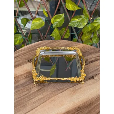 Çiçek çerçeve gümüş gold tepsi 